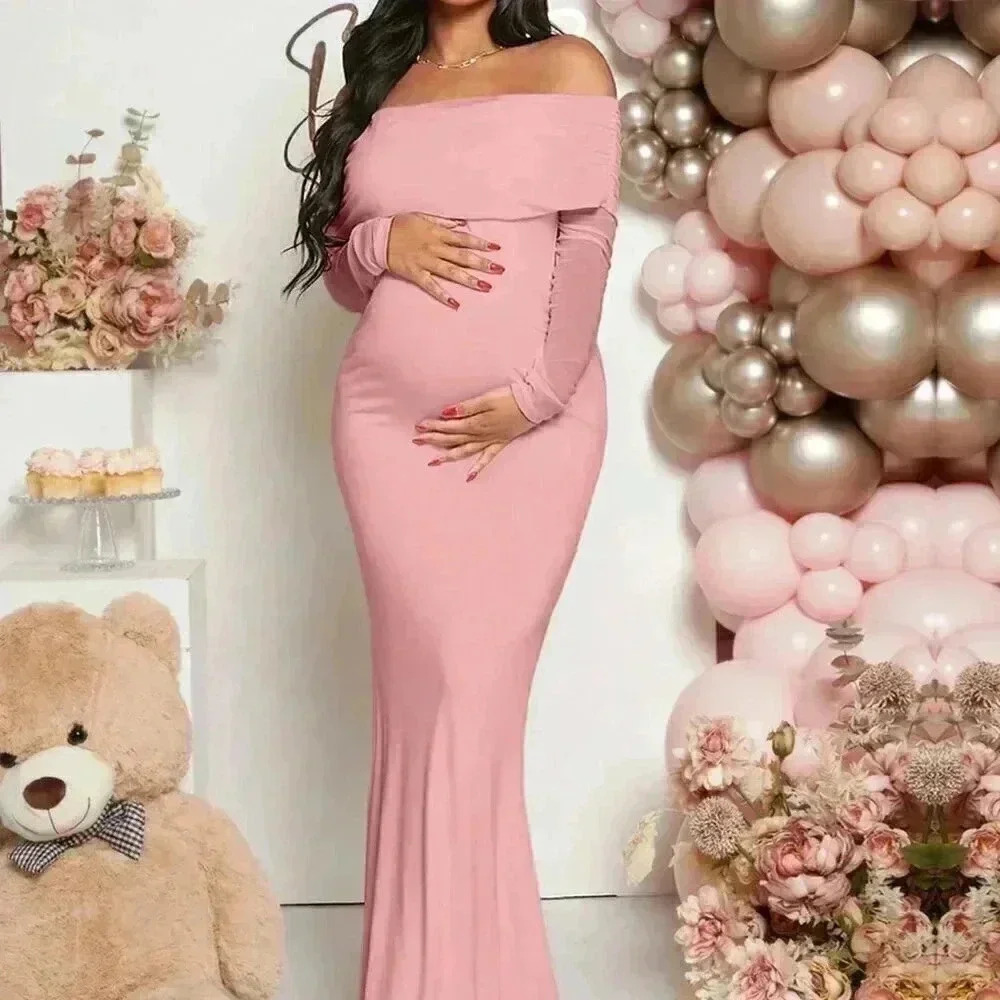 Pink Elegant Women's Maternity Off Shoulder Foldover Dress